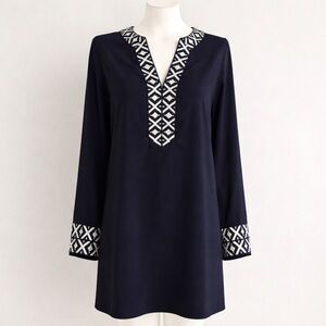Tory Burch Embroidered V-Neck Tunic Dress Navy Ivory Side Zip Size 10
